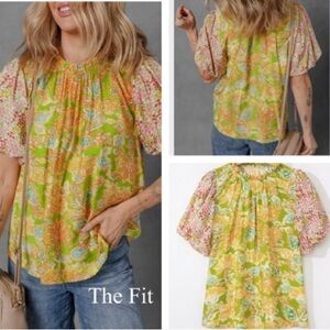 Boho Floral Short-Sleeve Peasant Top - Yellow Green